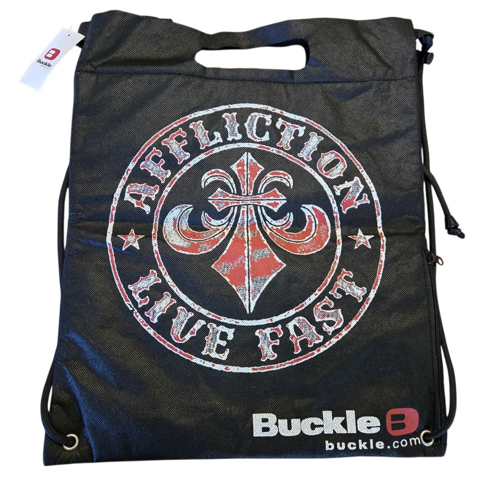 Vtg Buckle Affliction Live Fast Drawstring Backpack w Insulated Lining & Handle